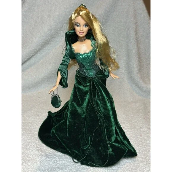 green emerald velvet dress Barbie Doll Size Christmas Gown Or Dress With A Green Hat – Ron's Rescued  Treasures main image 0